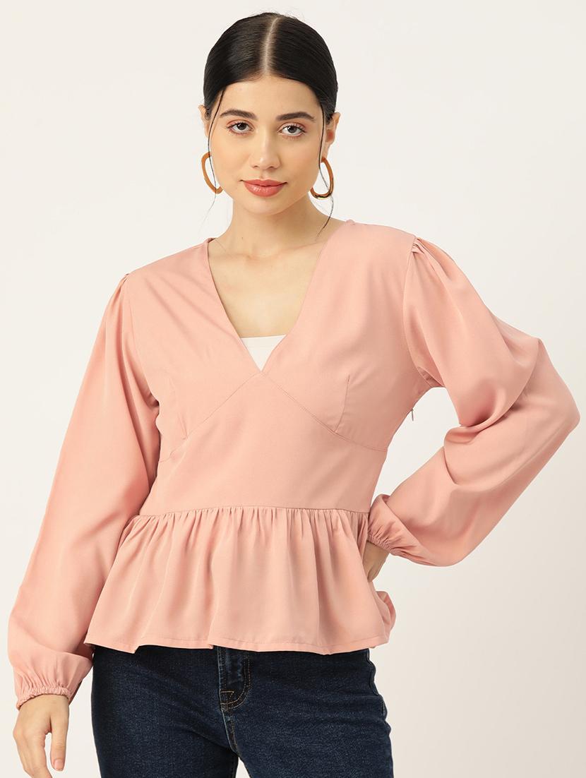 women peach solid puff sleeve peplum top - 22028420 - Zoom Image - 0