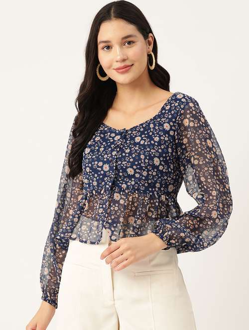 women floral print puff sleeve peplum top - 22028423 -  Standard Image - 0