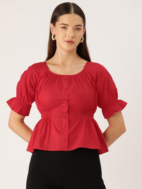 women red solid puff sleeve peplum top - 22028427 - Standard Image - 0