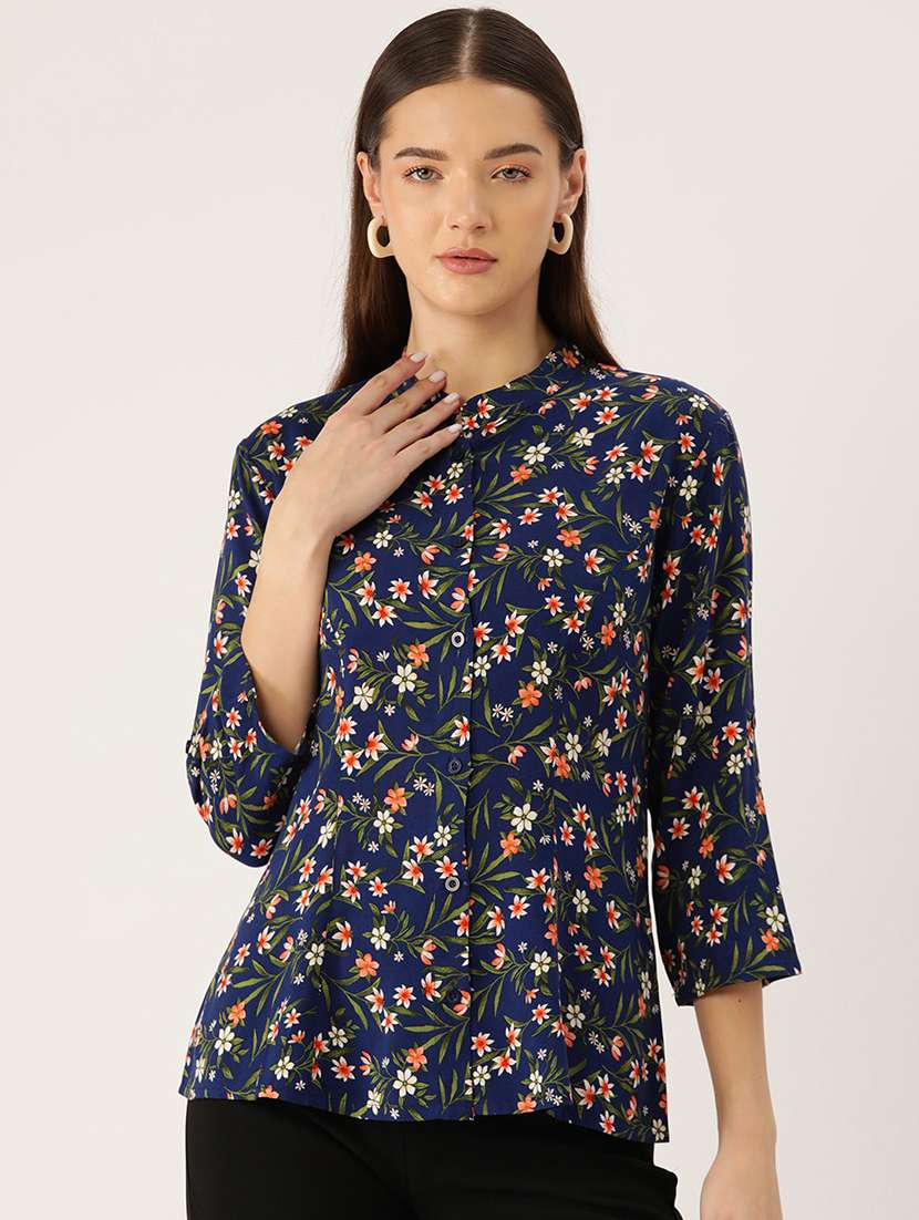 women navy blue florl print straight top