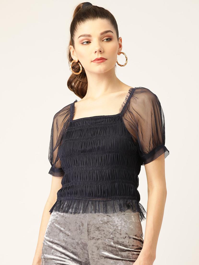 women solid puff sleeve smocked regular top