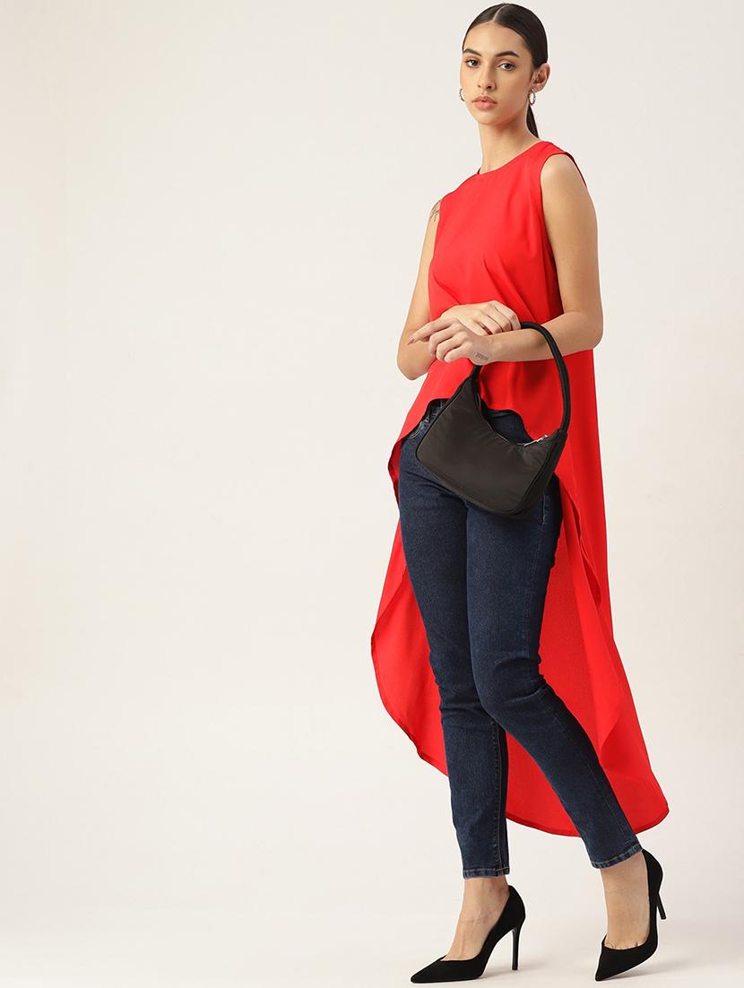 women red solid sleeveless high low top