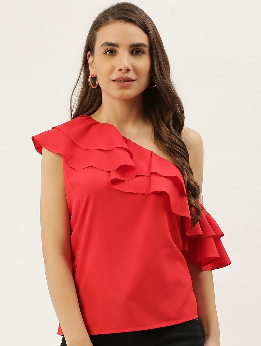 women red solid ruffled single shoulder top