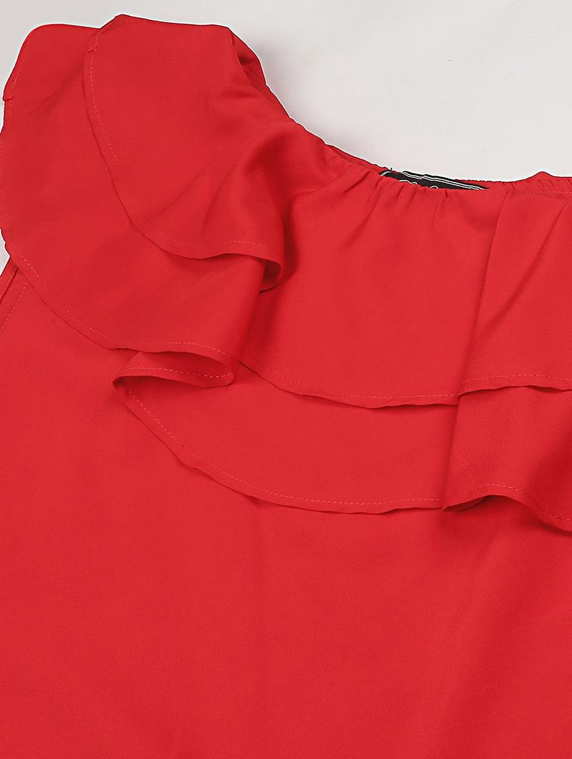 women red solid ruffled single shoulder top - 22028446 - Standard Image - 3