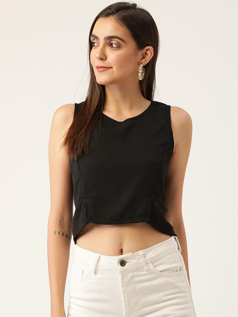 women black solid sleeveless crop top - 22028450 -  Zoom Image - 0