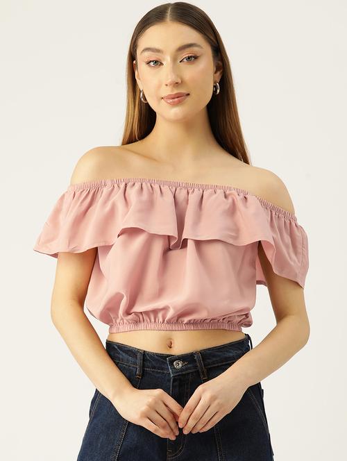 women solid off shoulder crop top - 22028469 -  Standard Image - 0