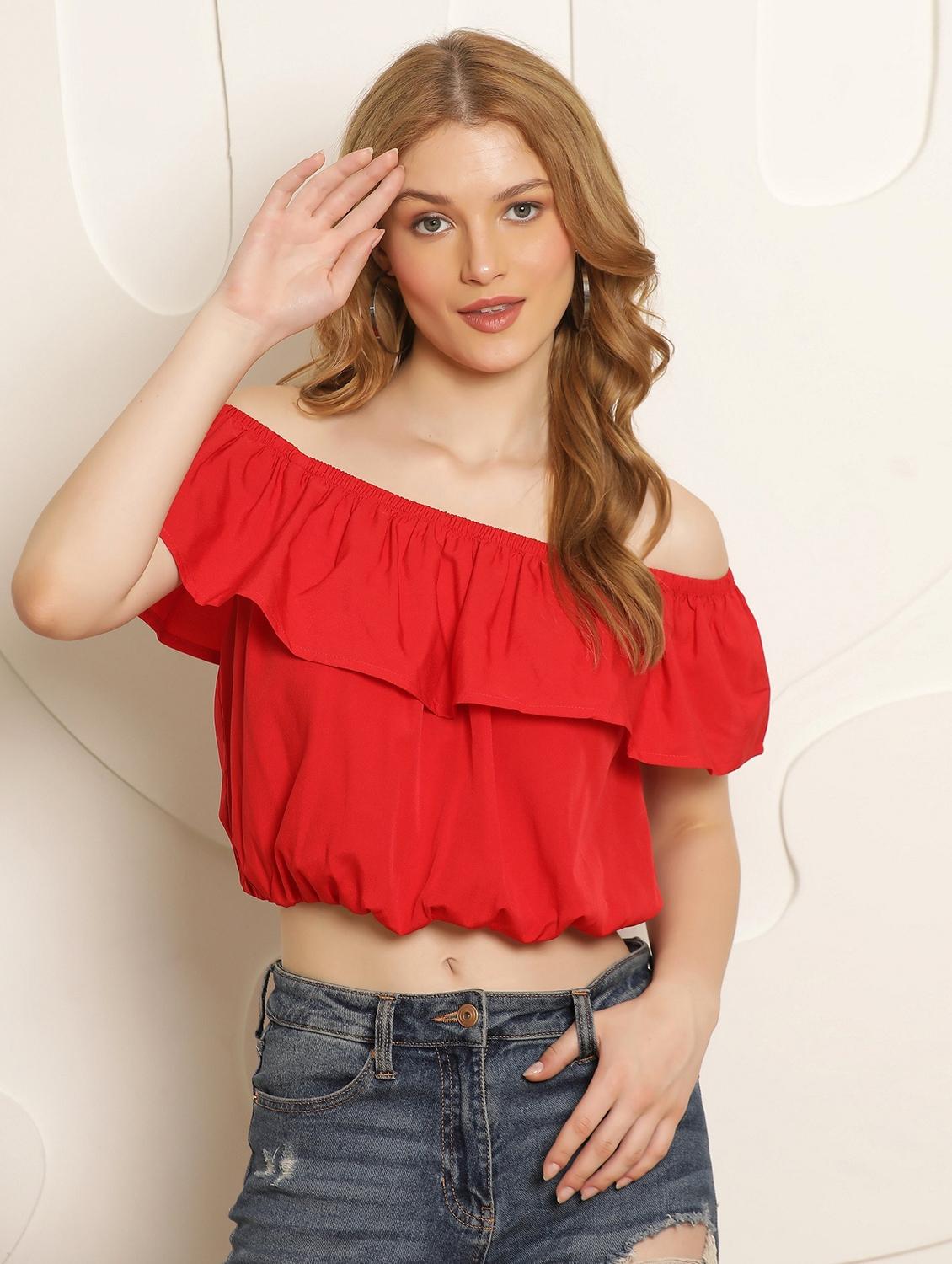 women solid off shoulder crop top