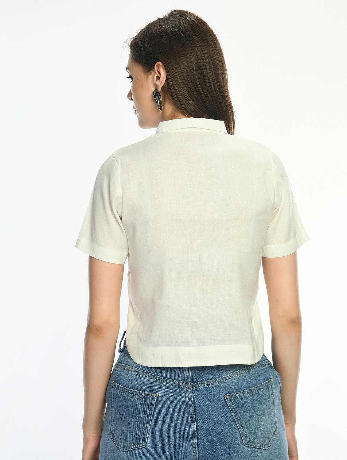 women solid collared short sleeve crop shirt - 22028503 - Standard Image - 3