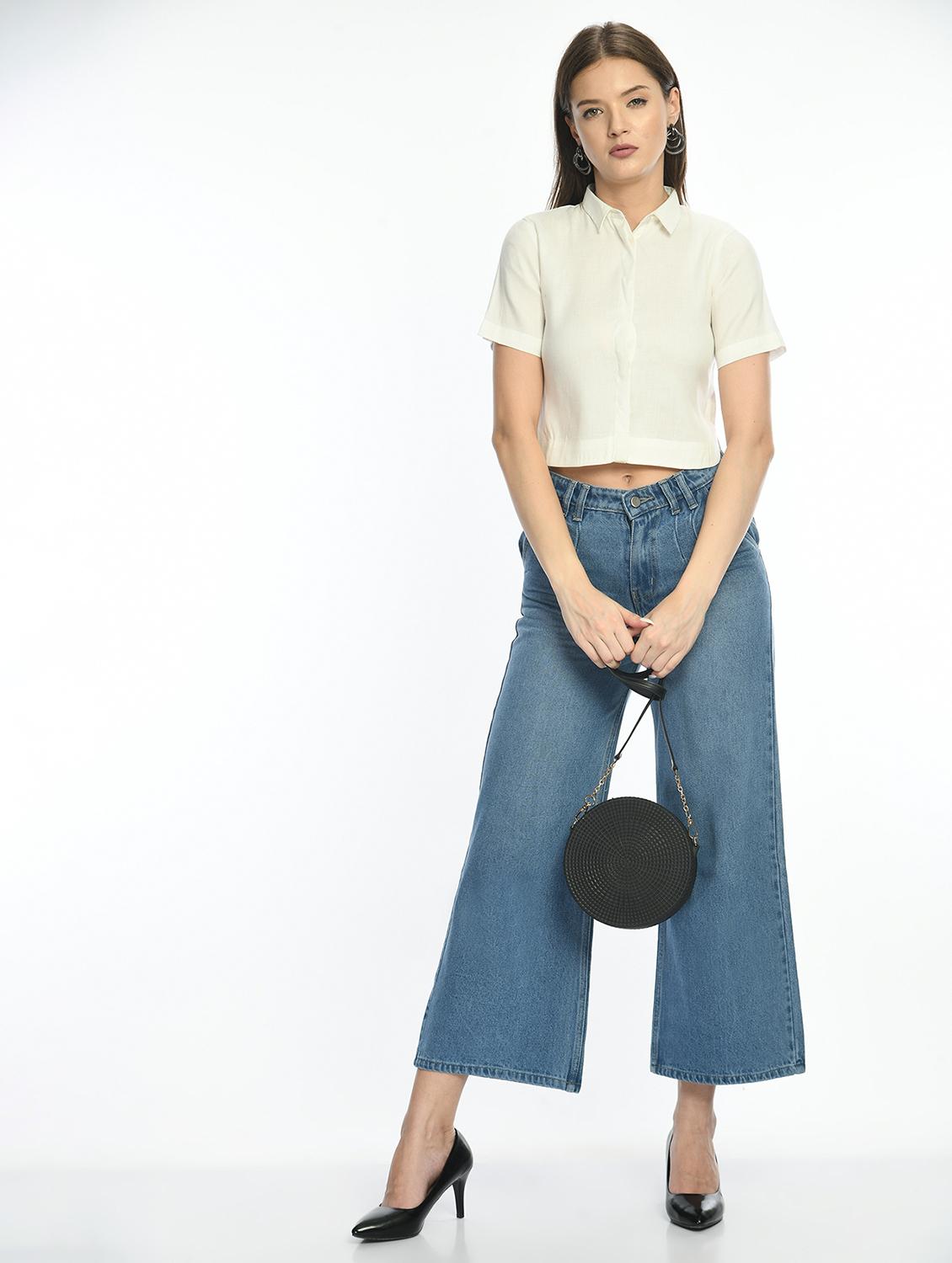 women solid collared short sleeve crop shirt - 22028503 - Standard Image - 5
