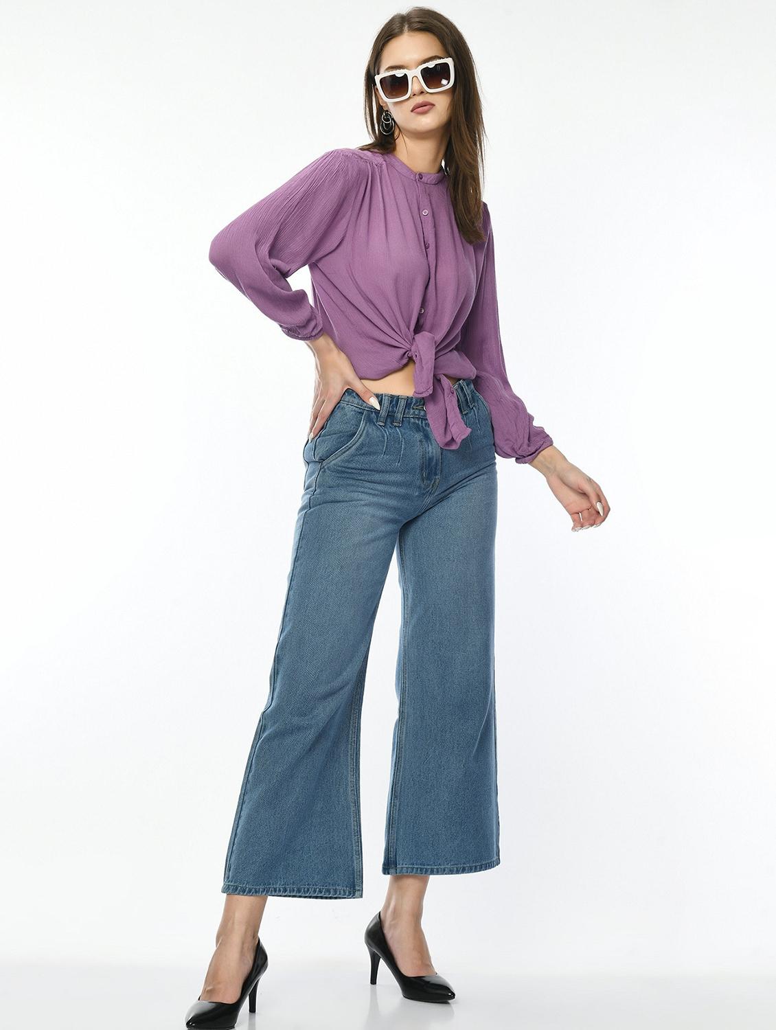 women solid long sleeve mandarin collar shirt - 22028504 - Standard Image - 5