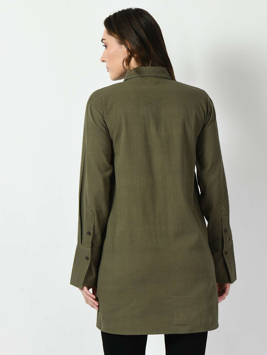 women solid collared long sleeve high low shirt - 22028506 - Standard Image - 3