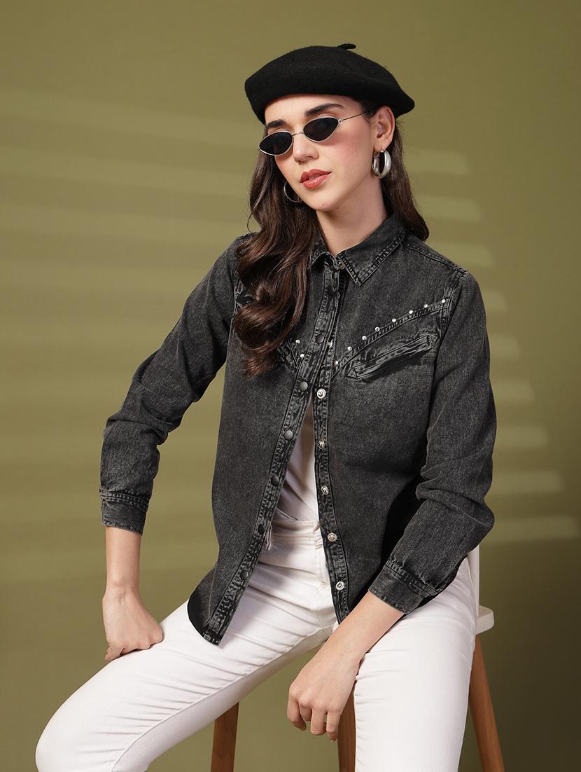 women solid collared long sleeve denim shirt
