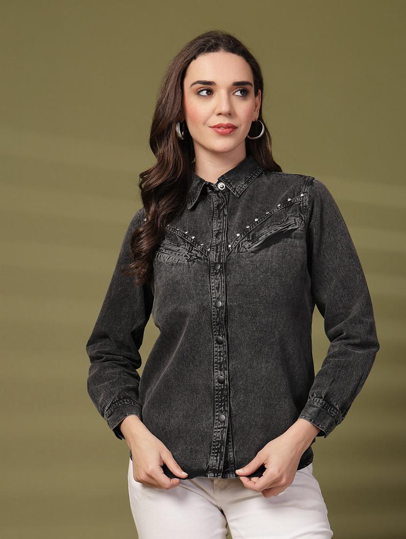 women solid collared long sleeve denim shirt - 22028508 - Standard Image - 3