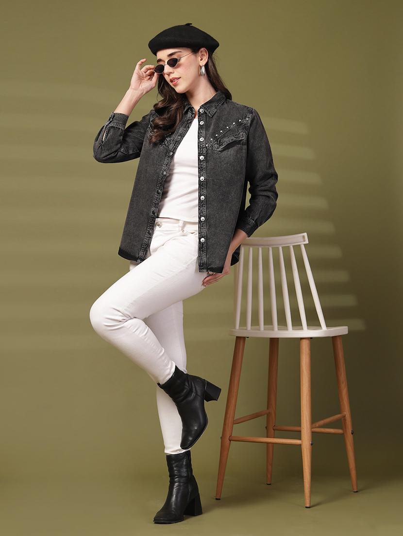 women solid collared long sleeve denim shirt - 22028508 - Standard Image - 5