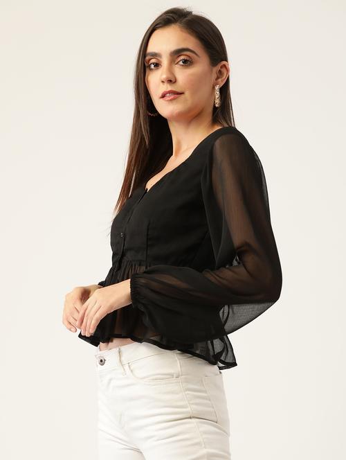 women black solid puff sleeve tiere regular top - 22028522 -  Standard Image - 0