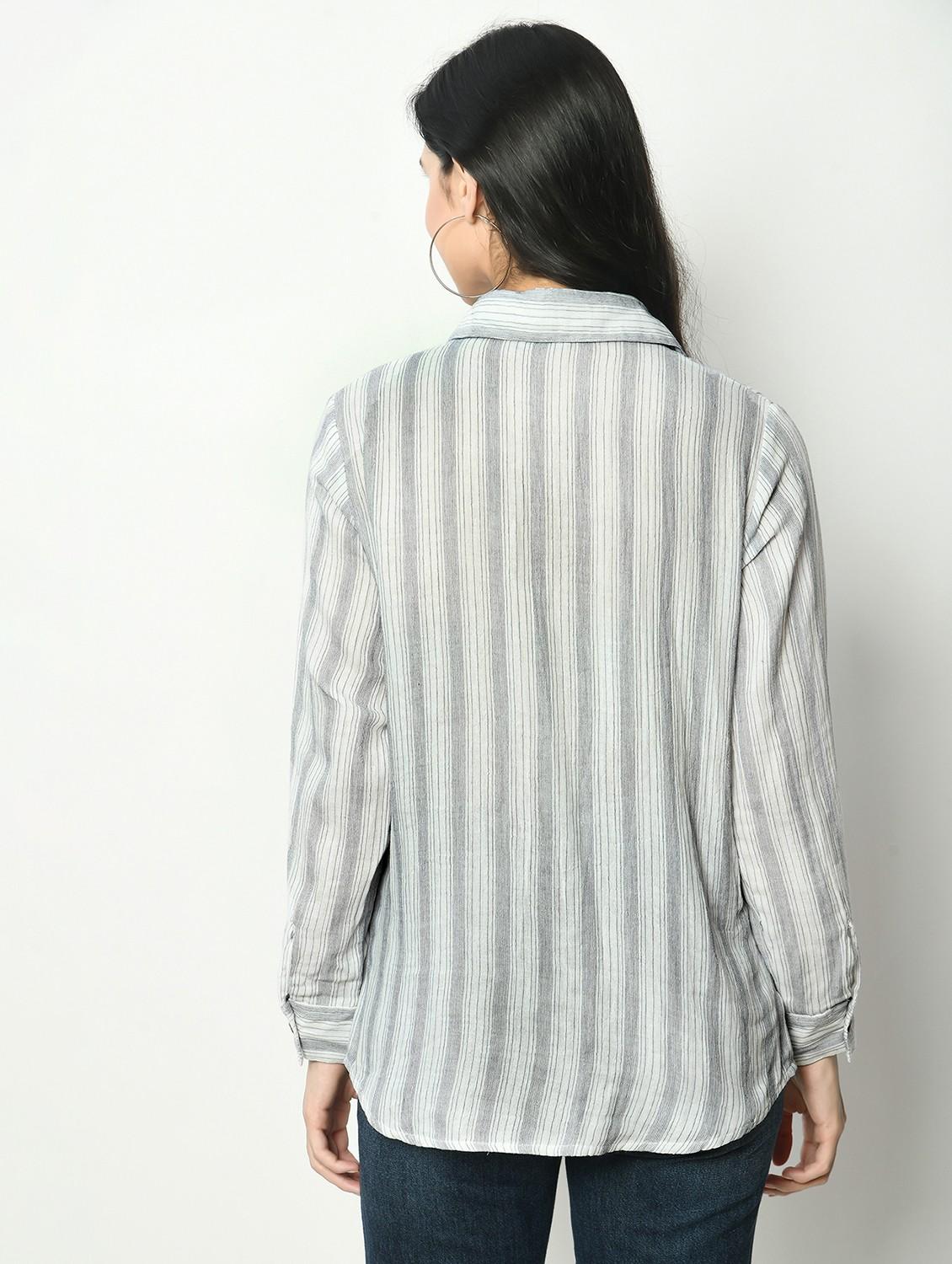 women striped collared long sleeve shirt - 22028529 - Standard Image - 3
