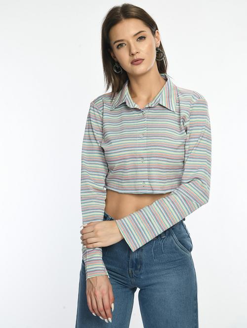 women striped collared long sleeve crop top - 22028530 -  Standard Image - 0