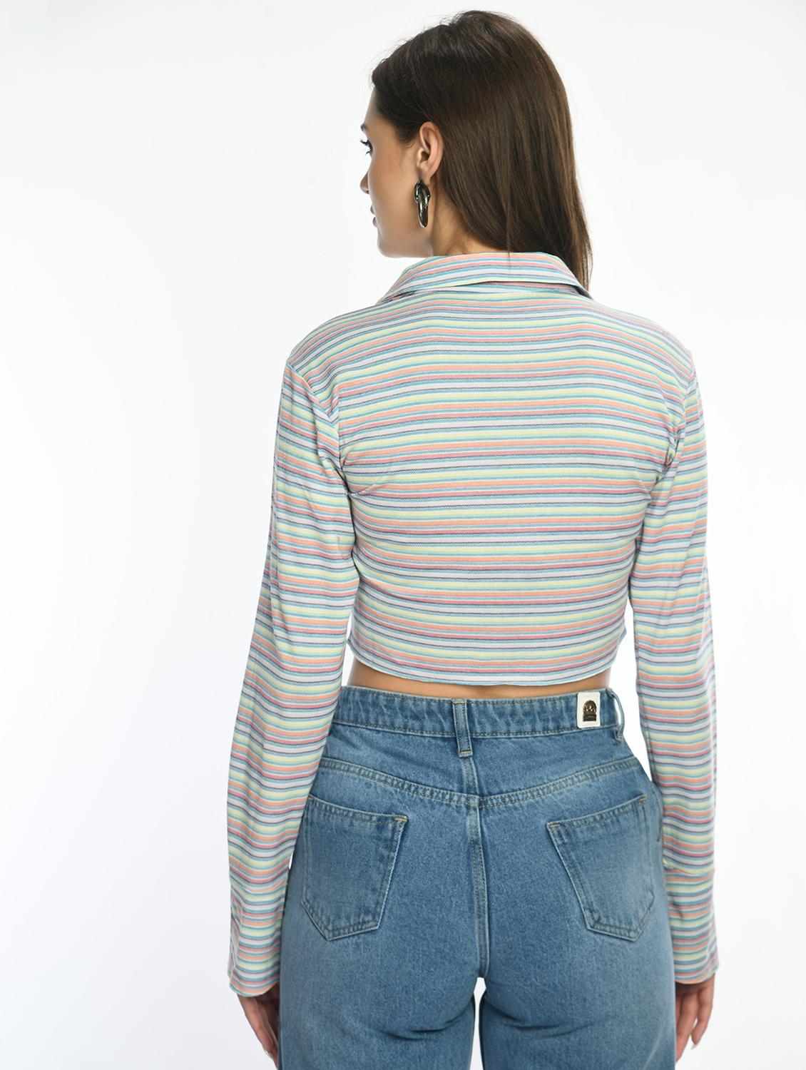women striped collared long sleeve crop top - 22028530 - Standard Image - 3