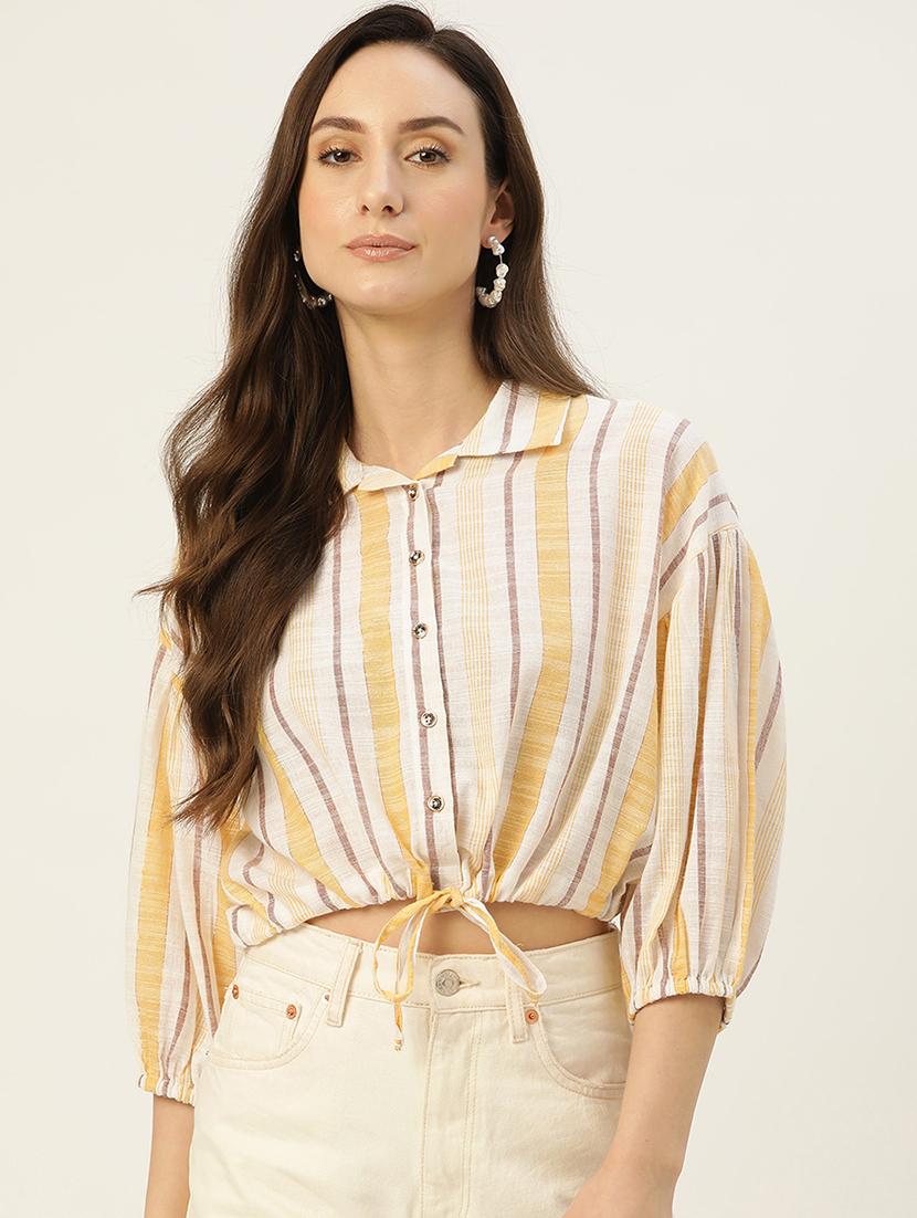 women striped collared puff sleeve crop top - 22028536 - Zoom Image - 0