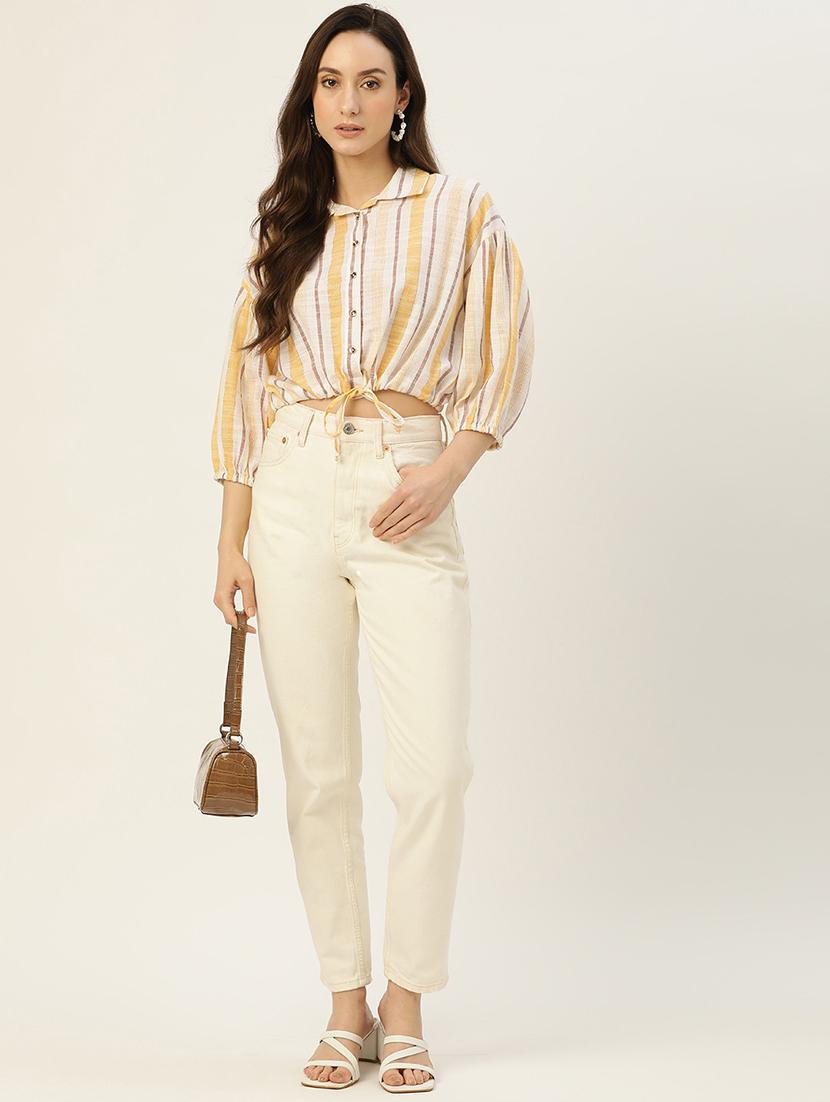women striped collared puff sleeve crop top - 22028536 - Standard Image - 3