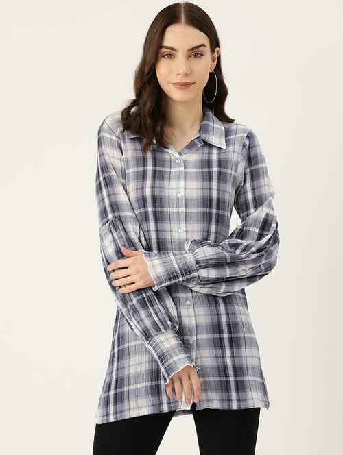 women checkered collared long sleeve shirt tunic - 22028537 - Standard Image - 0