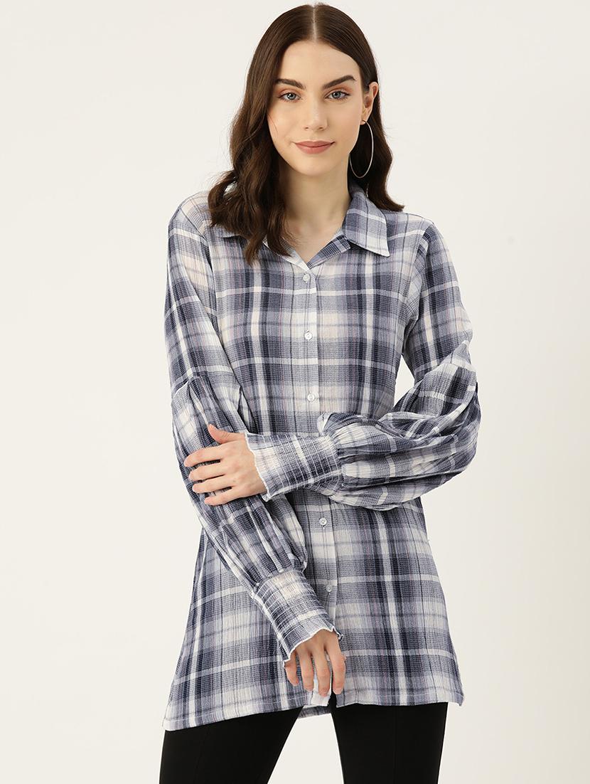 women checkered collared long sleeve shirt tunic