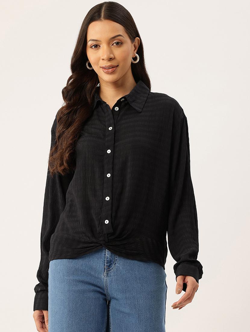 women black solid collared long sleeve shirt