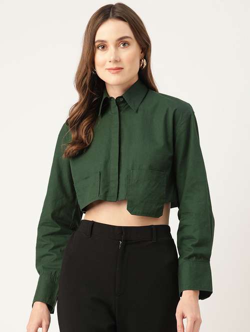 women green solid collared long sleeve crop shirt - 22028539 - Standard Image - 0