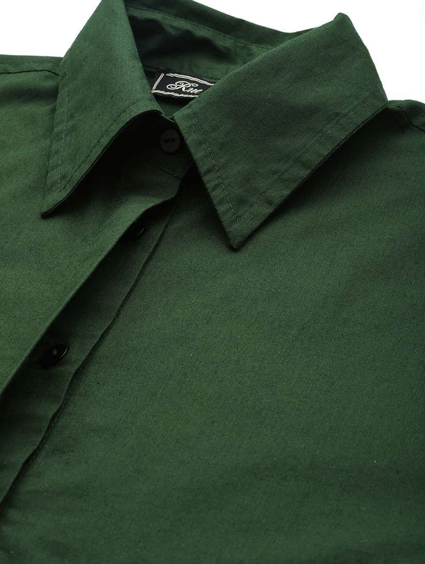 women green solid collared long sleeve crop shirt - 22028539 - Standard Image - 3