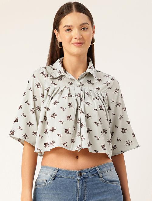 women grey printed collared crop top - 22028544 - Standard Image - 0