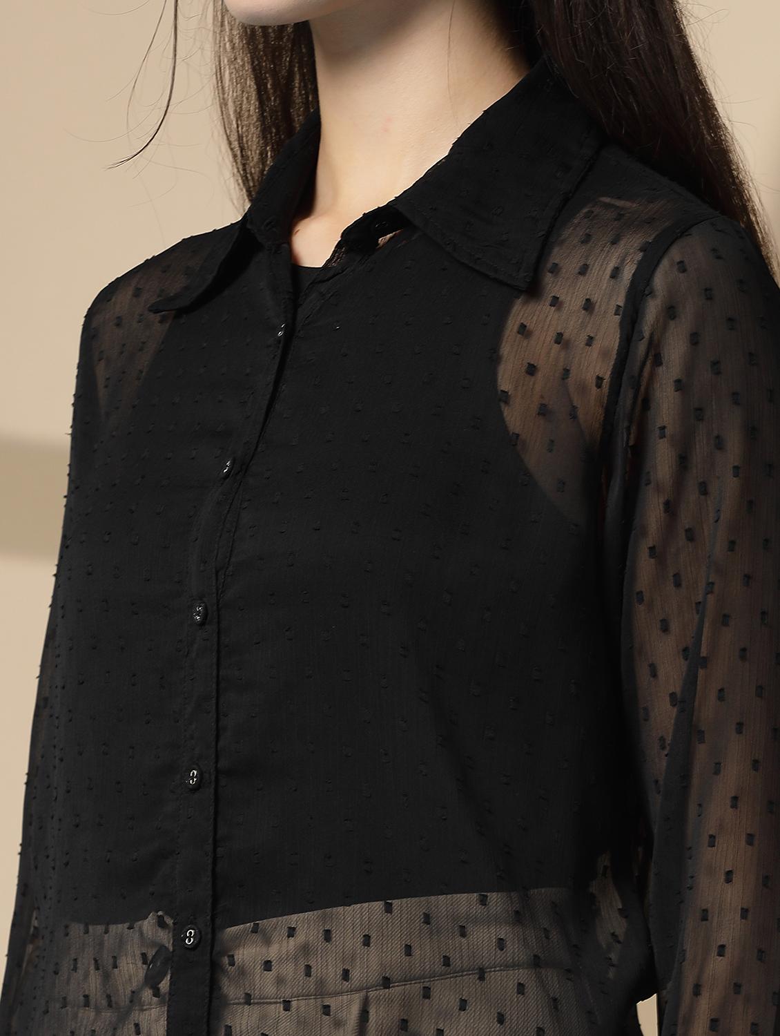 women black self designed sheer shirt top - 22028546 - Standard Image - 3