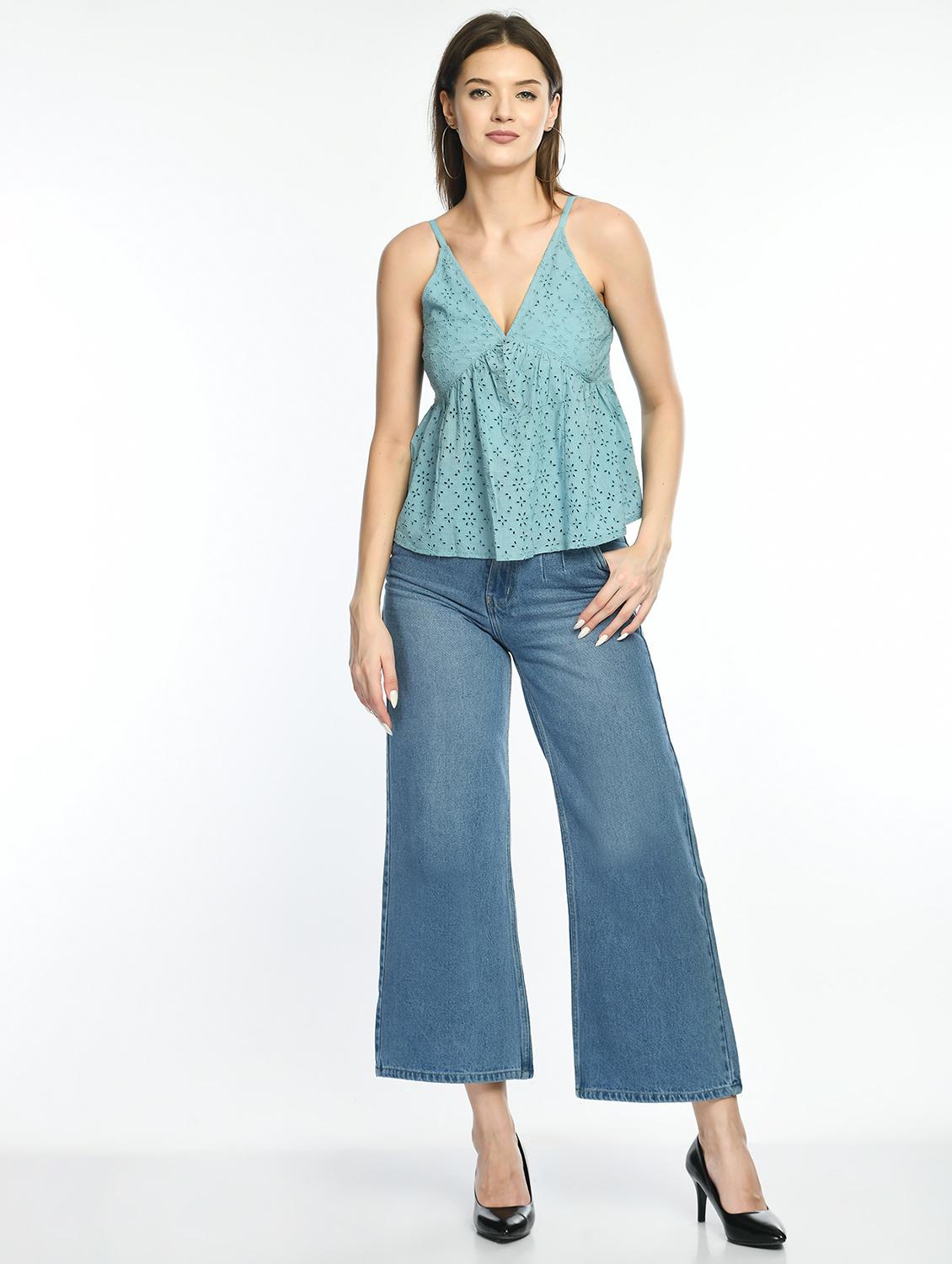women solid shoulder strap a-line schiffli top - 22028549 - Standard Image - 3