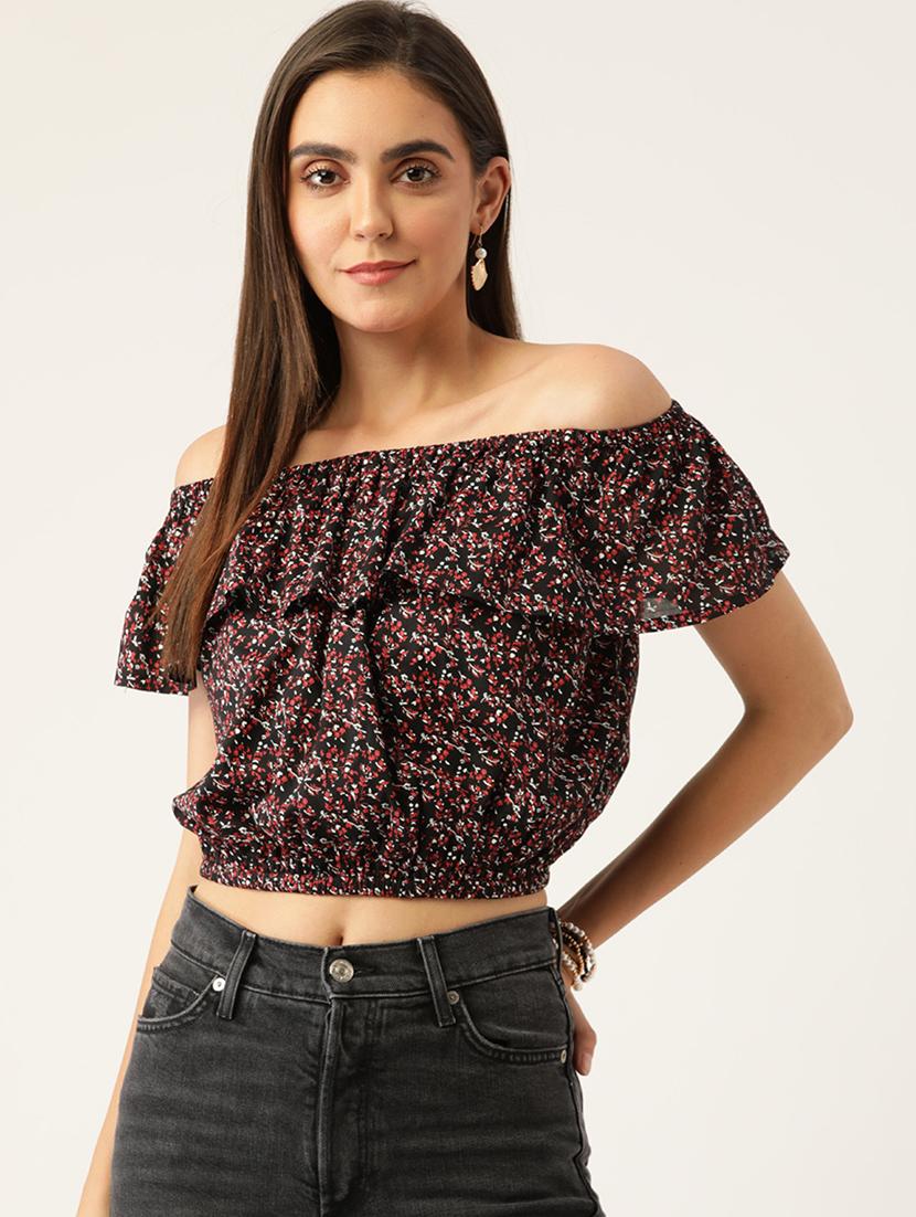 women floral print off shoulder crop top