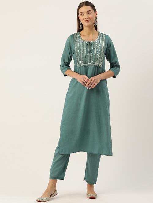 women embellished three quarter sleeve kurta pant set - 22028558 - Standard Image - 0