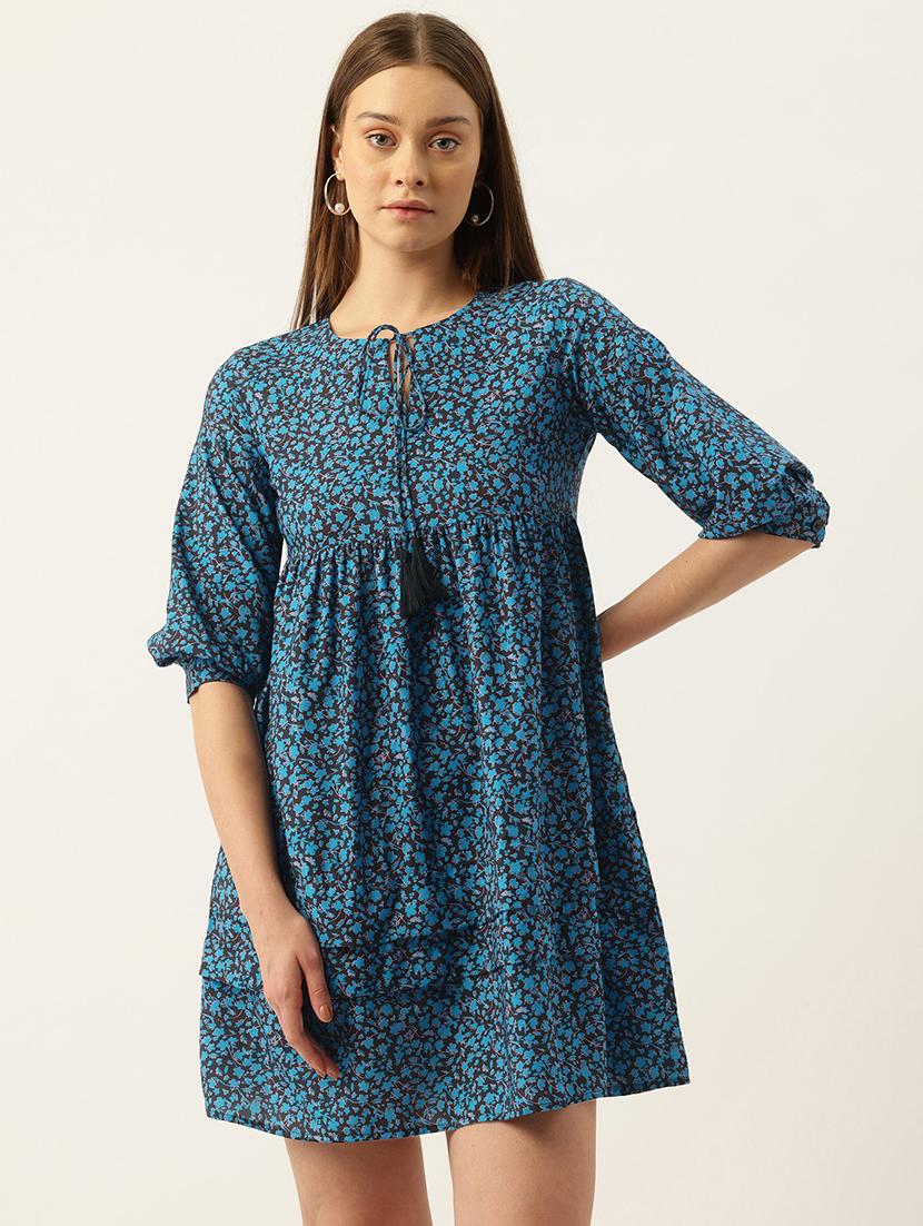women blue printed puff sleeve tiered dress