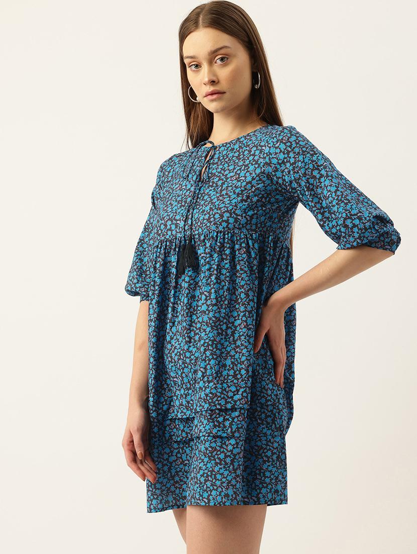 women blue printed puff sleeve tiered dress - 22028576 - Standard Image - 3