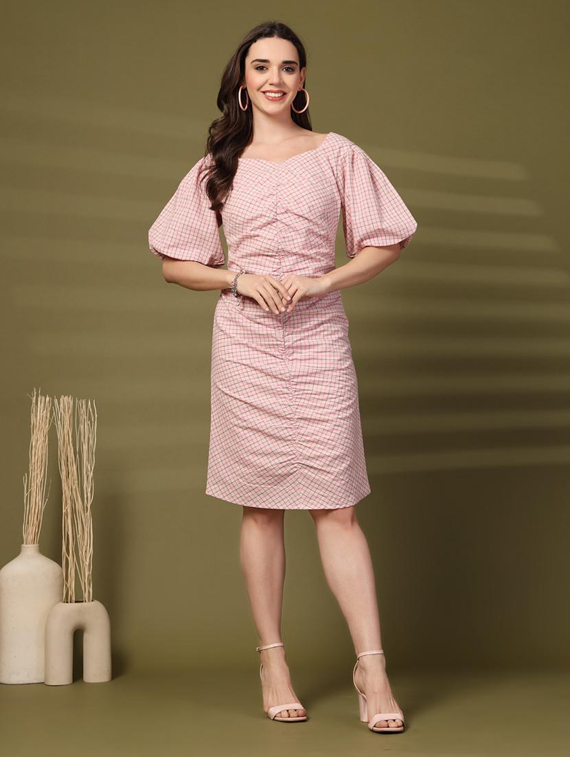 women checkered puff leeve sheath dress