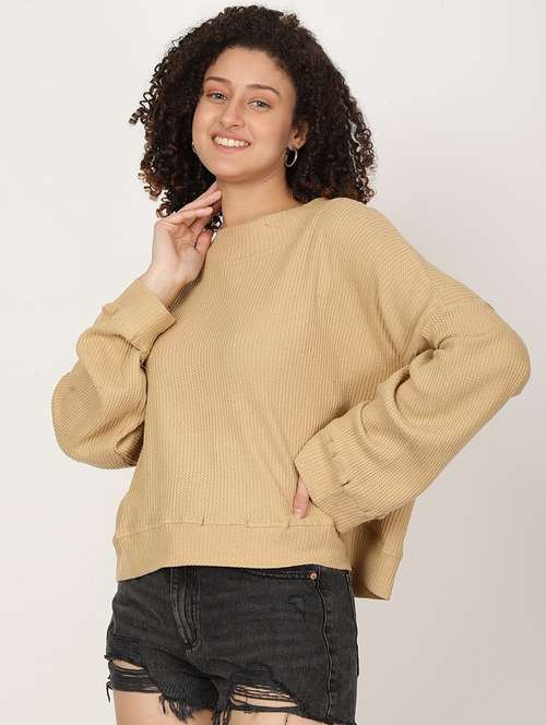 women beige solid long sleeve relaxed fit sweatshirt - 22028617 -  Standard Image - 0