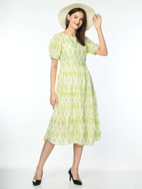 women printed puff sleeve tiered dress - 22028661 -  Standard Image - 0
