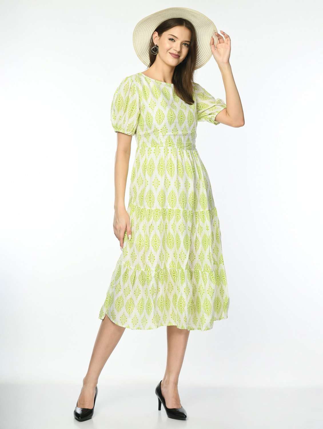 women printed puff sleeve tiered dress