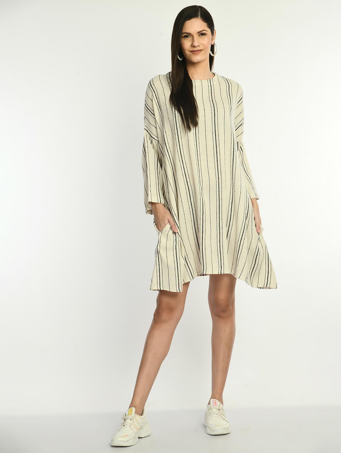 women striped long sleeve relaxed fit a-line dress - 22028727 - Zoom Image - 0