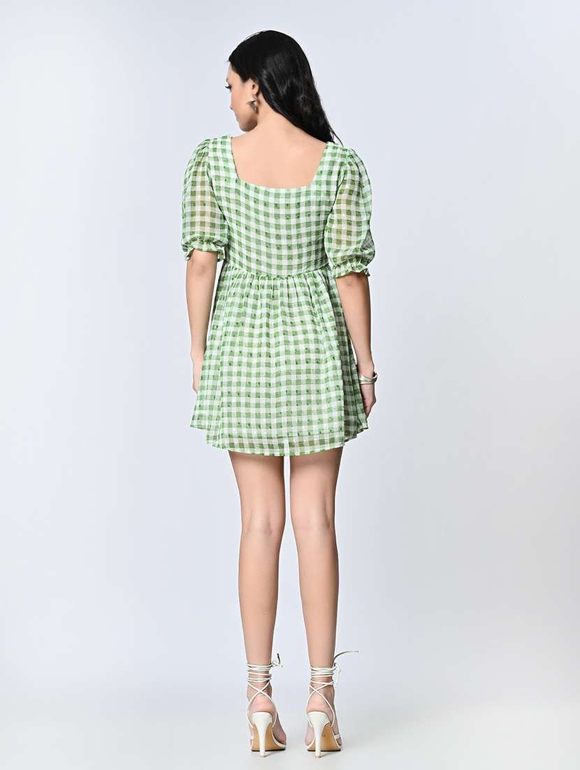 women checkered puff sleeve fit & flared dress - 22028731 -  Standard Image - 3