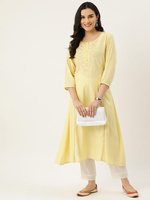 women embroidered three quarter sleeve a-line kurta - 22028804 - Standard Image - 0