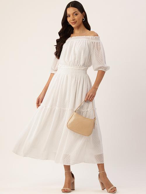 women white solid off shoulder tiered dress - 22028817 - Standard Image - 0