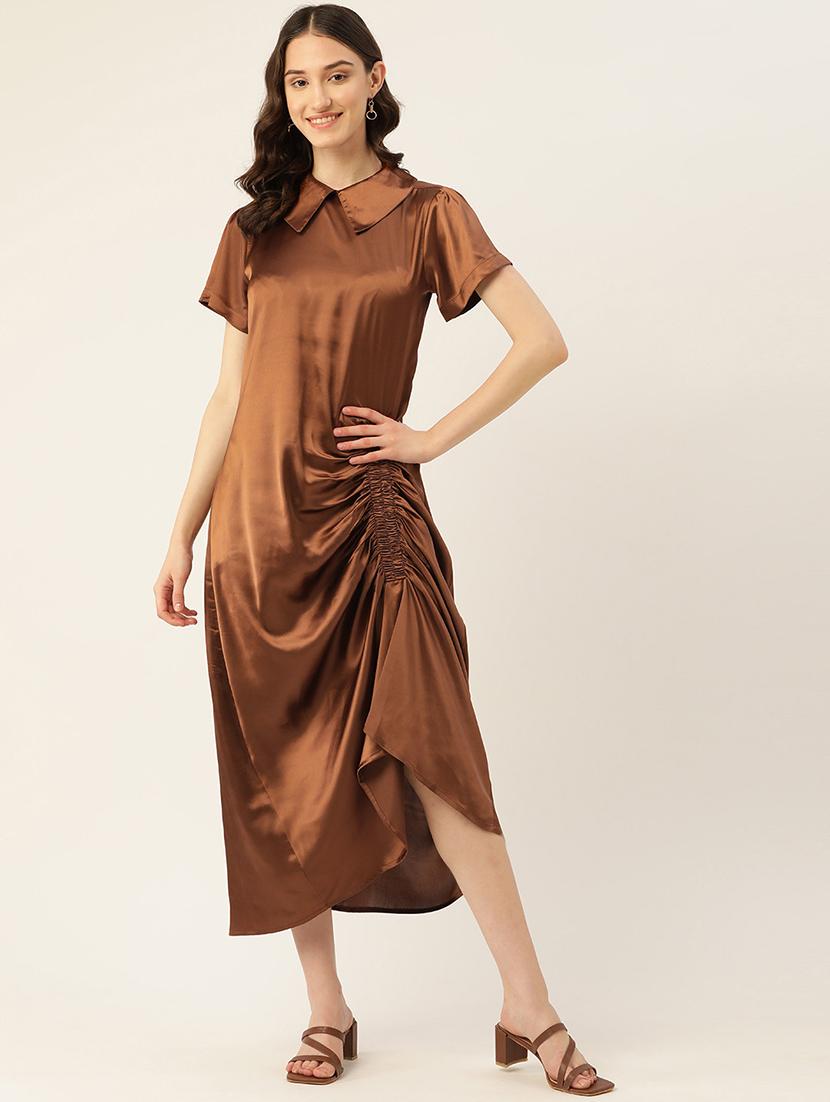 women solid collared short sleeve ruched dress - 22028819 - Zoom Image - 0