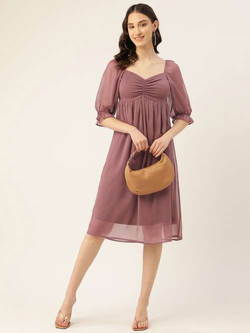 women solid puff sleeve a-line dress - 22028820 -  Standard Image - 0
