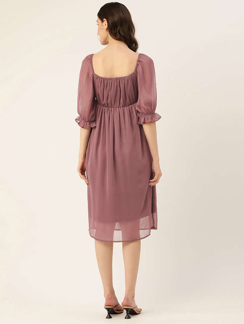 women solid puff sleeve a-line dress - 22028820 -  Standard Image - 3