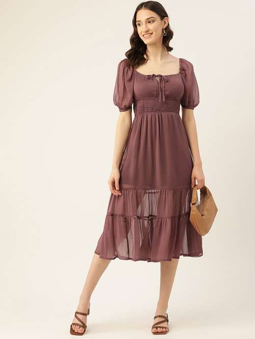 women solid puff sleeve tiered dress - 22028822 -  Standard Image - 0