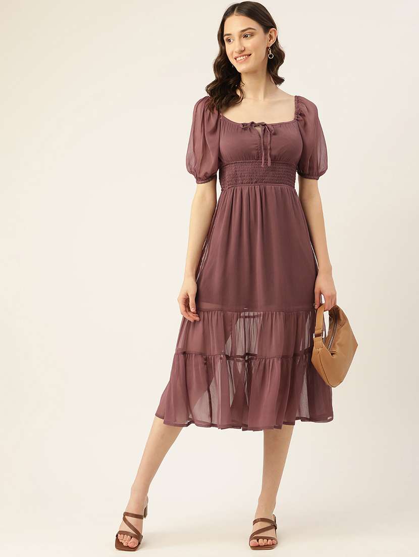 women solid puff sleeve tiered dress
