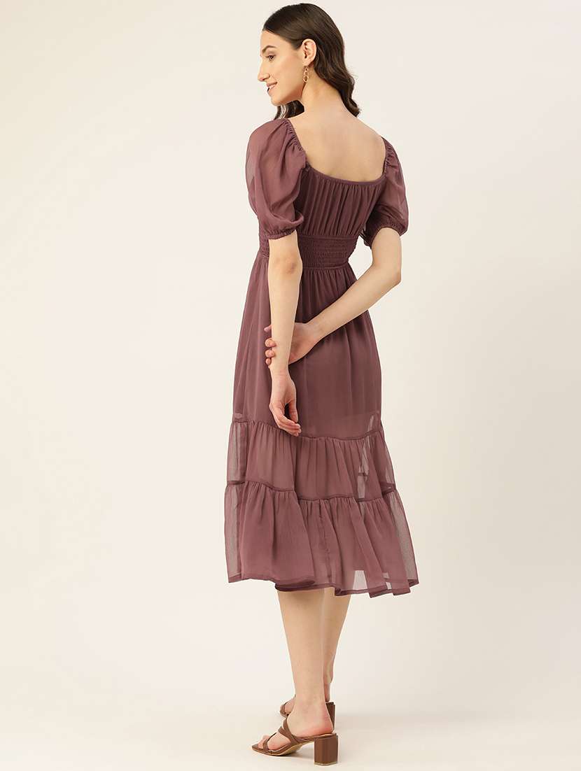 women solid puff sleeve tiered dress - 22028822 -  Standard Image - 3